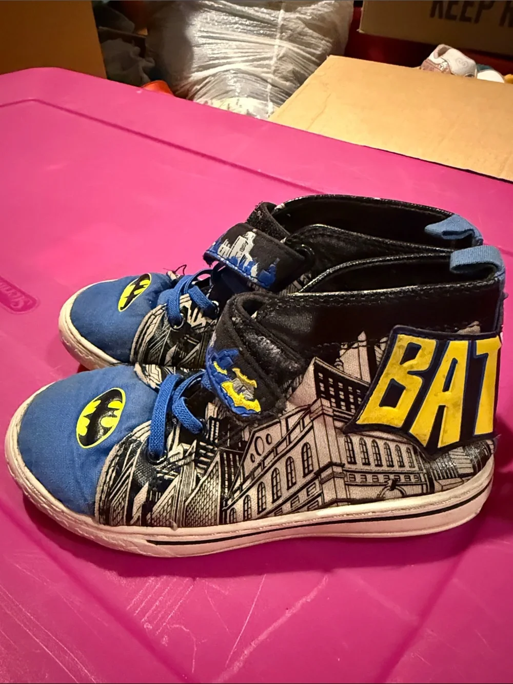 DC Comics Batman Kids High-Top Sneakers in Blue and Black with Yellow Accents